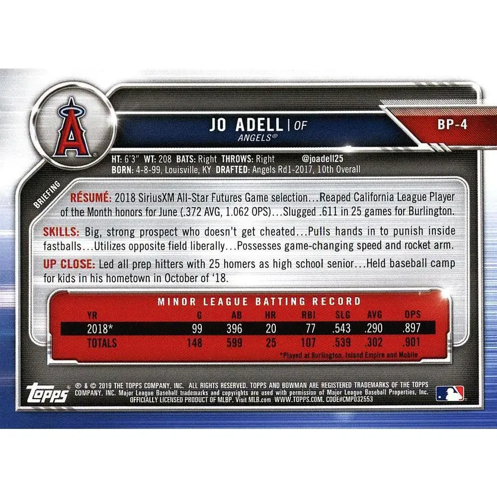 2019 Bowman Prospects Jo Adell #BP-4 Angels